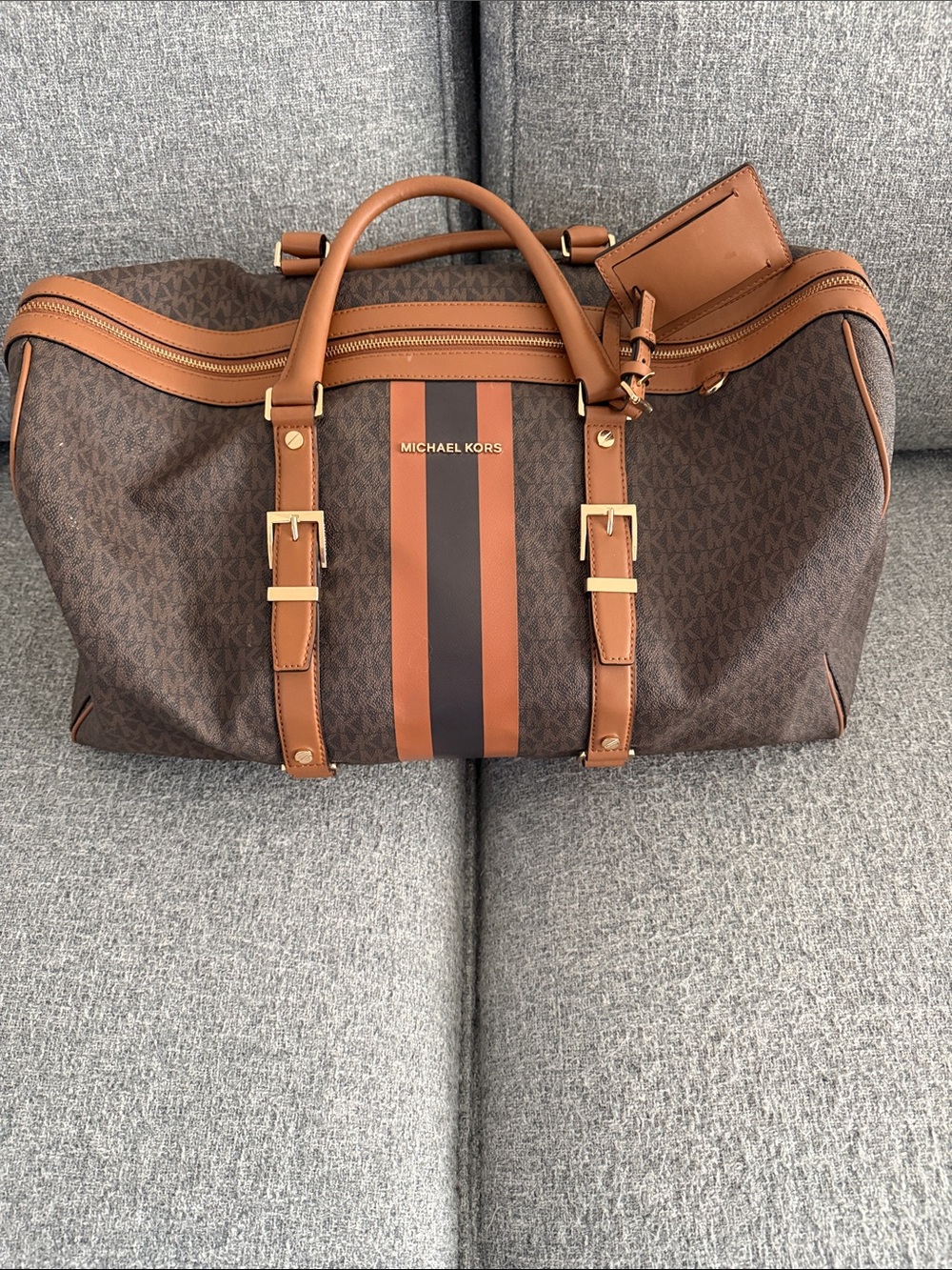 Michael Kors Brown & Tan Striped Canvas Duffel